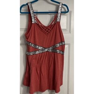 Y2K Tank Top 1X Coral Pink Sequin Trim Festival‎ Babydoll Rave Concert Flowy